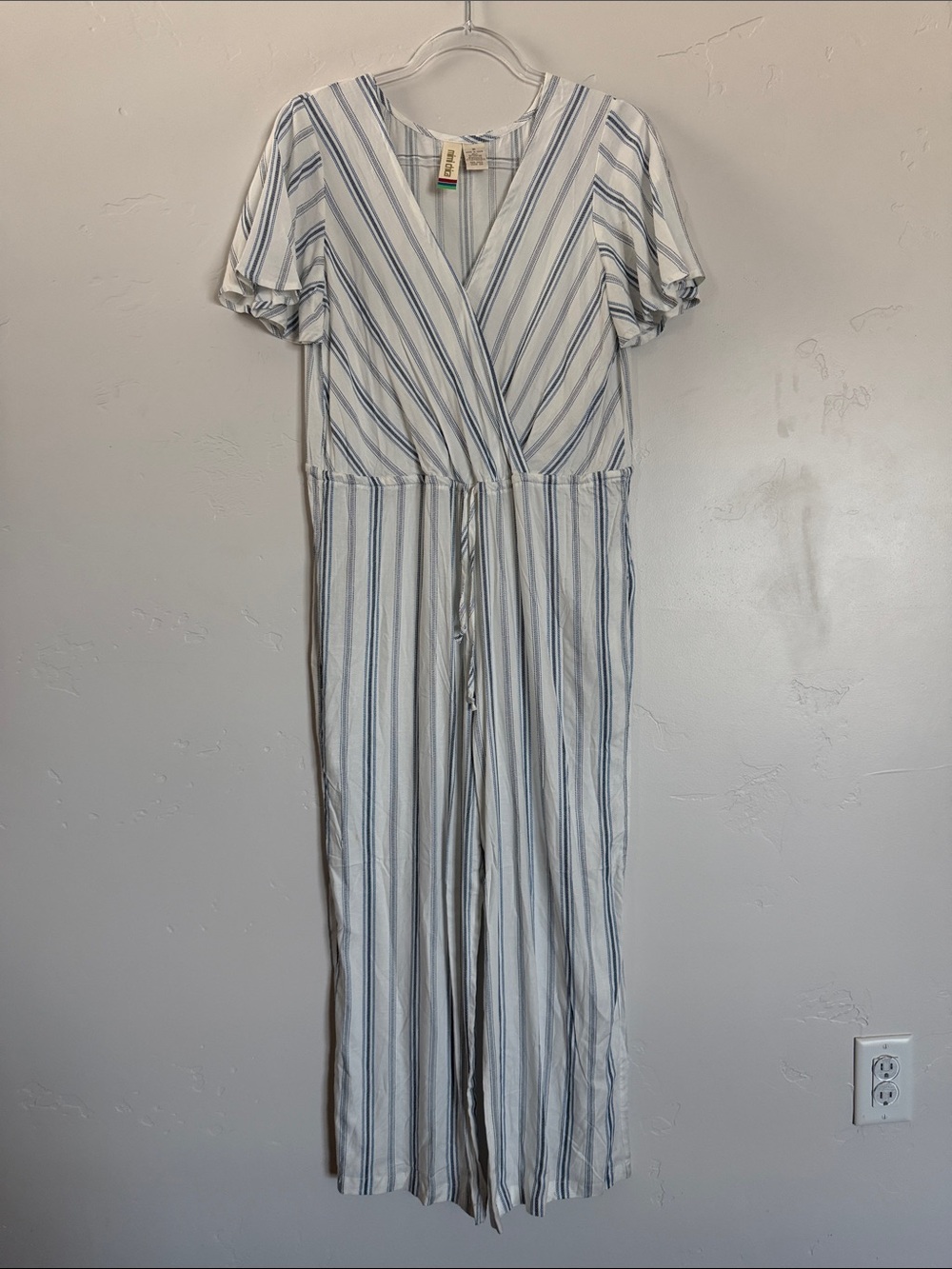 Mimi Chica White and Blue Striped Wrap Jumpsuit